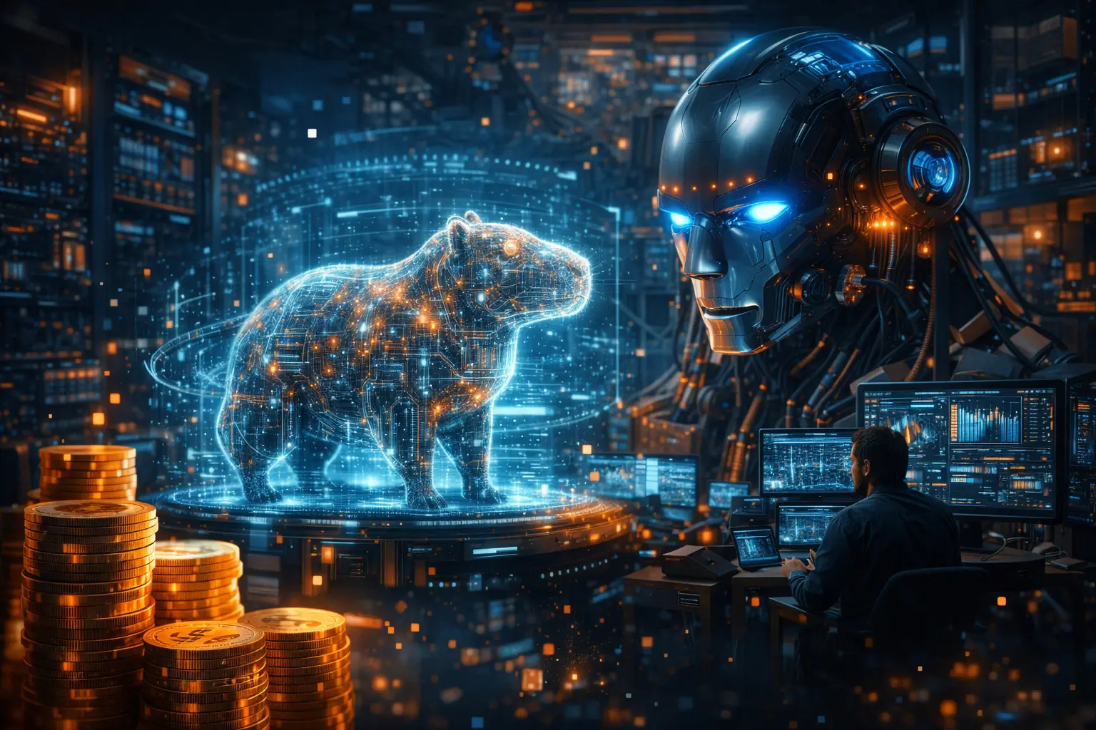 Futuristička ilustracija moćnog AI sistema u data centru koji simbolizuje Anthropicov model Capybara i visoke troškove njegove upotrebe.